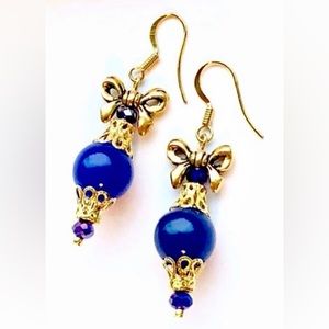Blue Jade Gold Bow Knot Filigree Victorian Style Christmas Ornament Earrings 2"